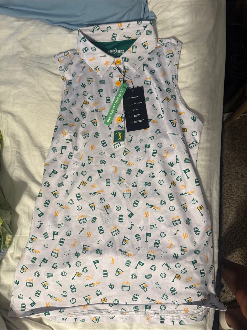 Women’s White Green & Yellow Printed Polo Shirts sleeveless - Picture 3 of 3